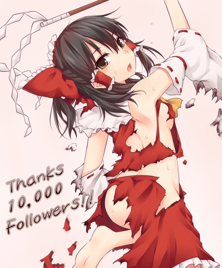 1girl arm_up ascot ass bad_anatomy bangs bare_shoulders barefoot beige_background black_hair bow breasts brown_eyes commentary_request detached_sleeves eyebrows_visible_through_hair feet_out_of_frame followers from_behind gohei groin hair_between_eyes hair_bow hair_tubes hakurei_reimu half_updo highres long_sleeves looking_at_viewer looking_back miyo_(ranthath) open_mouth petticoat red_bow red_skirt ribbon-trimmed_sleeves ribbon_trim short_hair sidelocks simple_background skirt skirt_set small_breasts solo thank_you torn_clothes torn_skirt touhou wide_sleeves yellow_neckwear