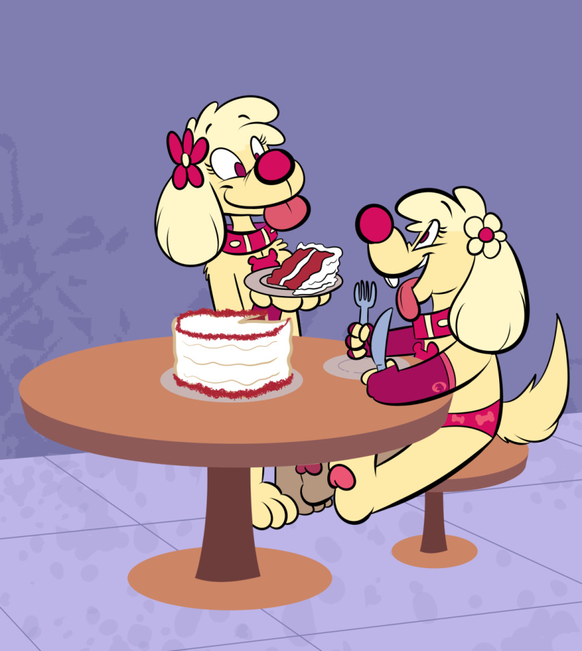 cake canine clone cloning clothing collar dog duo eyelashes flower food male mammal panties plant plate post_transformation red_eyes red_nose reddvelvet_(character) table teeth tongue trevor-fox trevor-fox_(character) underwear utensils
