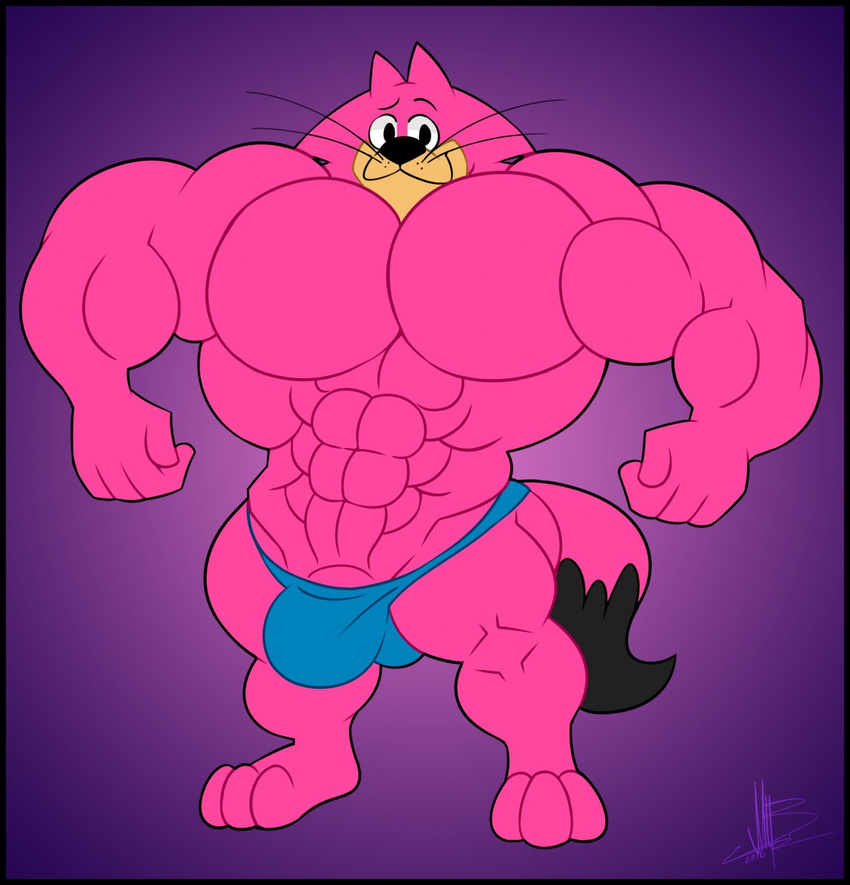 2016 3_toes 4_fingers abs barefoot biceps big_biceps big_tail blue_clothing border bulge cat cheek_tuft choo-choo_(top_cat) clothed clothing collectollider colored digital_drawing_(artwork) digital_media_(artwork) eyebrows feline flat_colors front_view fur humanoid_hands hyper hyper_bulge hyper_muscles male mammal multicolored_fur muscular muscular_male no_iris obliques pecs pink_fur purple_background quads serratus signature simple_background solo tan_fur thong toes topless triceps tuft two_tone_fur whiskers