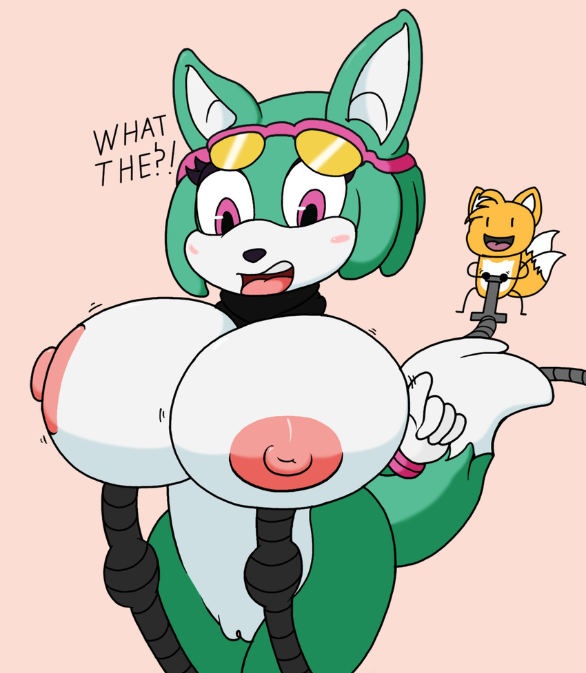 2016 air_pump anthro archie_comics areola big_breasts blush breast_expansion breasts canine clothing digital_media_(artwork) eyewear female fennec fox fur gloves goggles growth huge_breasts inflation mammal miles_prower mobian_(species) mr.under nipples nude open_mouth pussy simple_background sonar_the_fennec sonic_(series) sunglasses transformation video_games