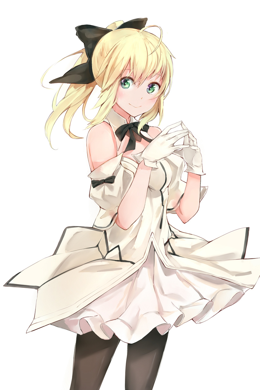 :&gt; absurdres ahoge aqua_eyes artoria_pendragon_(all) black_legwear black_ribbon blonde_hair bow bowtie breasts detached_collar detached_sleeves dress fate/grand_order fate/stay_night fate/unlimited_codes fate_(series) fingers_together gloves hair_ribbon highres long_hair looking_at_viewer medium_breasts pantyhose ponytail ribbon saber saber_lily sidelocks silver_(chenwen) simple_background smile solo tareme white_background white_dress white_gloves wing_collar