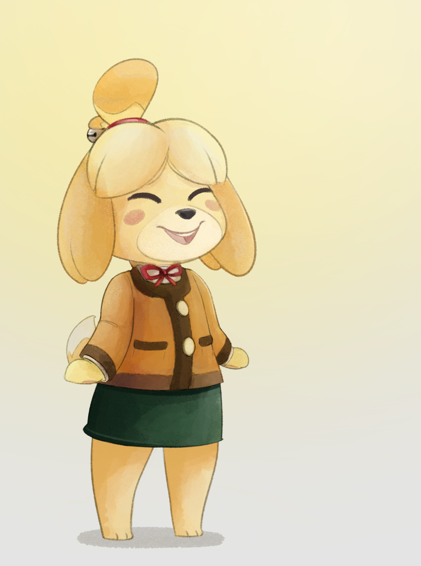 animal_crossing anthro barefoot bell blonde_hair blush blush_stickers canine clothed clothing dog eyes_closed female flat_chested full_body fur hair happy hi_res isabelle_(animal_crossing) jacket jingle_bell little_grey_wolf mammal miniskirt nintendo open_mouth ribbons shih_tzu shirt short_hair simple_background skirt smile solo standing teeth topknot video_games yellow_background yellow_fur