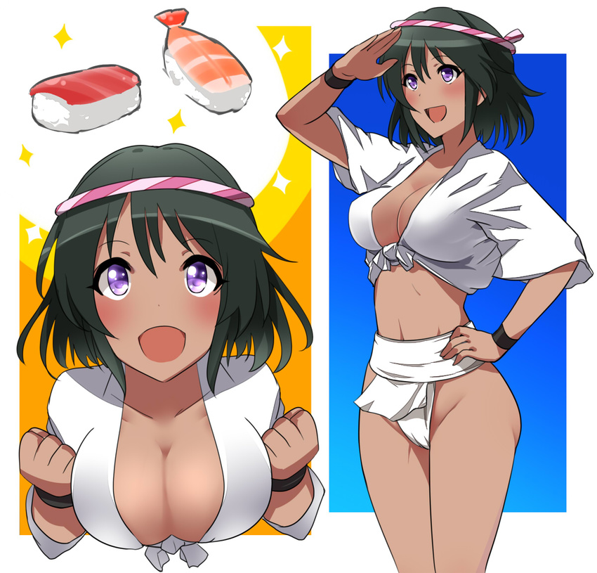 black_hair blush breasts cleavage dark_skin food fundoshi hachimaki headband idolmaster idolmaster_cinderella_girls japanese_clothes large_breasts natalia_(idolmaster) open_mouth purple_eyes salute short_hair smile solo sushi tango_(tn500) yamakasa