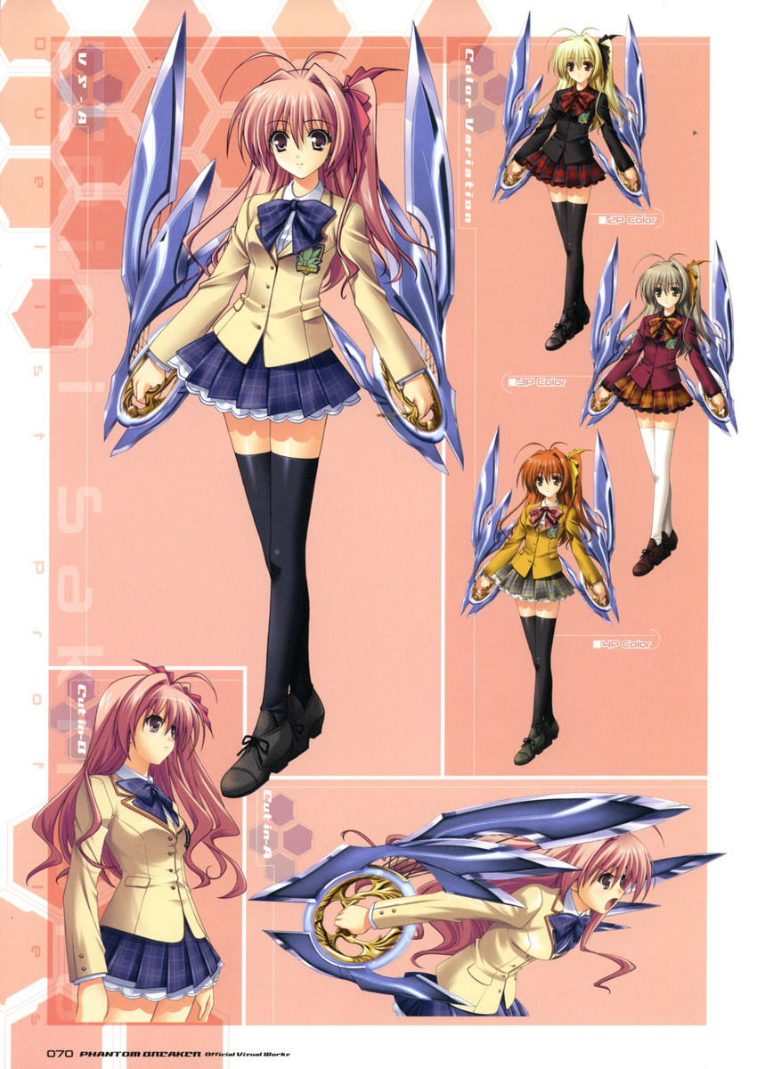 absurdres alternate_color blazer blonde_hair chaos;head character_sheet concept_art crossed_legs grey_hair highres holding holding_weapon jacket long_hair multiple_views non-web_source official_art one_eye_closed orange_hair phantom_breaker pink_hair player_2 pleated_skirt purple_eyes ribbon sakihata_rimi school_uniform shoes side_ponytail simple_background skirt smile standing suzuhira_hiro variations weapon white_legwear