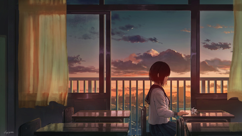 1girl black_hair blue_sailor_collar blue_skirt blue_sky chair city cityscape cloud cloudy_sky commentary_request curtains evening flower gradient_sky highres indoors long_sleeves miniskirt orange_sky original pleated_skirt profile railing reflection sailor_collar school_uniform serafuku shirt short_hair sidelocks signature sitting skirt sky skyline solo sugi87 sunset table white_flower white_shirt wide_shot