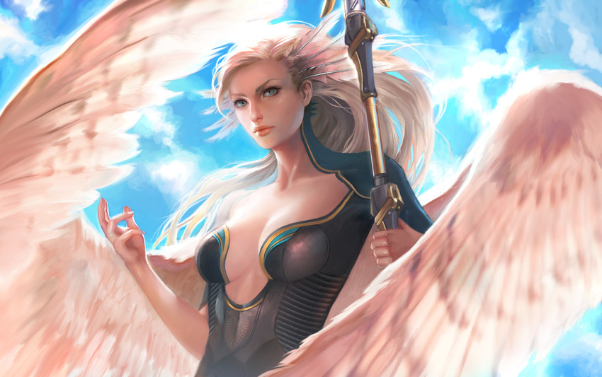 adapted_costume alternate_costume alternate_hairstyle alternate_wings angel_wings artstation_sample blue_eyes blue_sky bodysuit breasts cloud collarbone day expressionless feather_hair feathered_wings hair_ornament highres holding holding_staff image_sample jpeg_artifacts katie_alexander lips long_hair medium_breasts mercy_(overwatch) outdoors overwatch realistic short_sleeves sky solo staff upper_body wings