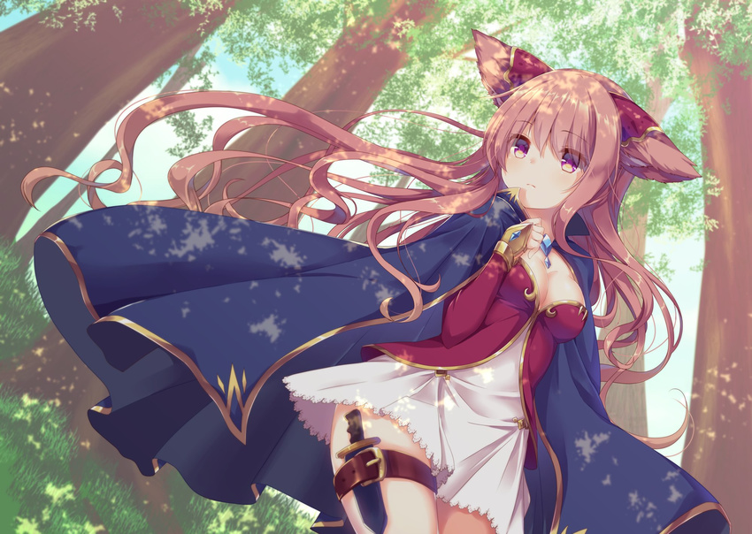 animal_ears breasts bridal_gauntlets brown_hair cape cleavage closed_mouth dagger day dress dutch_angle eyebrows eyebrows_visible_through_hair forest frown gomano_rio highres long_hair looking_away medium_breasts nature original outdoors purple_eyes shadow sheath sheathed solo thigh_strap very_long_hair weapon white_dress
