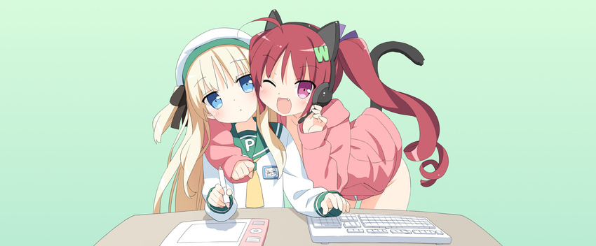 2girls animal_ears blonde_hair blue_eyes dualscreen fang green hat hazuki_watora headphones hoodie loli naked_shirt original peko pepepe photoshop red_hair shimotsuki_potofu tail wink