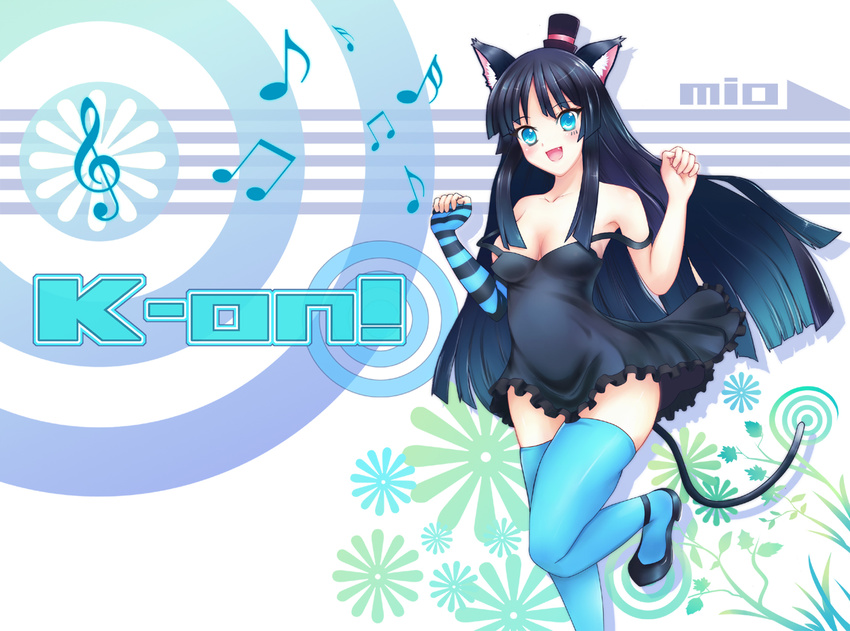 akiyama_mio animal_ears bare_shoulders blue_eyes cat_ears cat_tail don't_say_"lazy" dress greave_(asterism) hat k-on! long_hair mini_hat mini_top_hat solo tail thighhighs top_hat