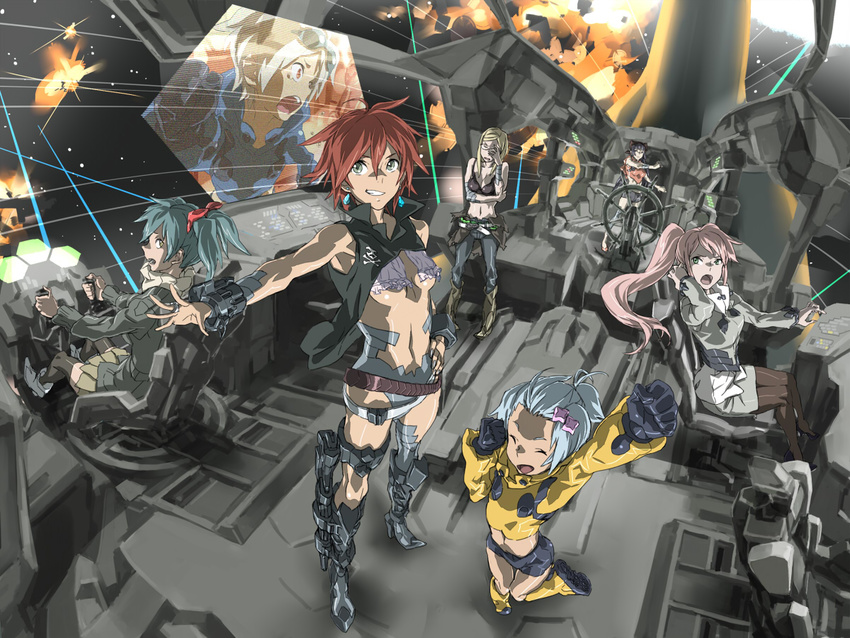 baariya battle boots breasts child cyborg explosion fire flat_chest happy machine medium_breasts monitor multiple_girls original shorts space space_craft technology thighhighs underboob