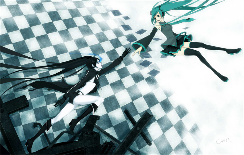 aqua_hair bad_id bad_pixiv_id bikini_top black_hair black_rock_shooter black_rock_shooter_(character) boots chm gloves hatsune_miku legs long_hair multiple_girls short_shorts shorts thigh_boots thighhighs very_long_hair vocaloid zettai_ryouiki