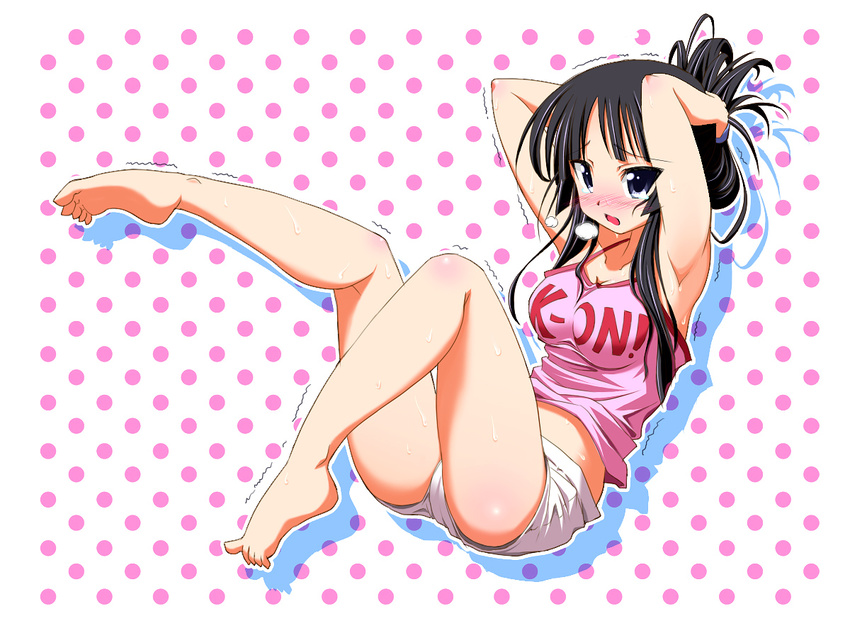 akiyama_mio armpits arms_behind_head barefoot black_hair blue_eyes blush breasts breath camisole embarrassed error exercise feet issho_ni_training k-on! large_breasts legs matatabi_(2ccp) parody polka_dot shorts sit-up soles solo sweat tears thighs toe-point toes trembling