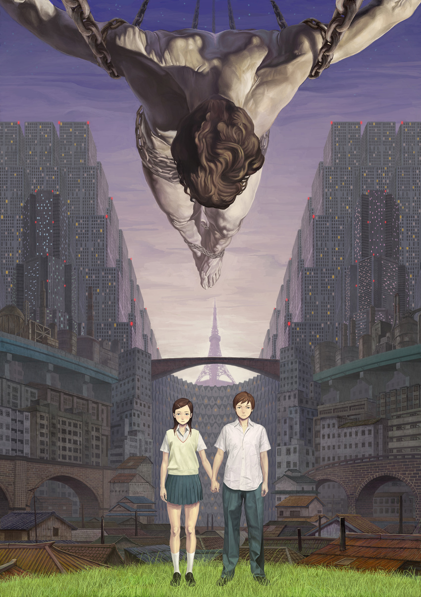 1girl absurdres arata_yokoyama bridge building chain christ_of_saint_john_of_the_cross cityscape couple fine_art_parody grass hair_ornament hairpin hetero highres holding_hands legs night original parody rooftop salvador_dali school_uniform skirt sky skyscraper standing star surreal tokyo_tower