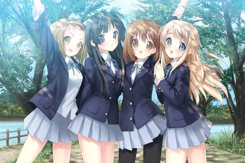 akiyama_mio bad_id bad_pixiv_id black_hair blazer brown_hair day hair_ornament hairband hairclip happy highres hirasawa_yui jacket k-on! kimishima_ao kotobuki_tsumugi lake long_hair multiple_girls outdoors pantyhose pleated_skirt school_uniform short_hair skirt sunlight tainaka_ritsu tomboy tree