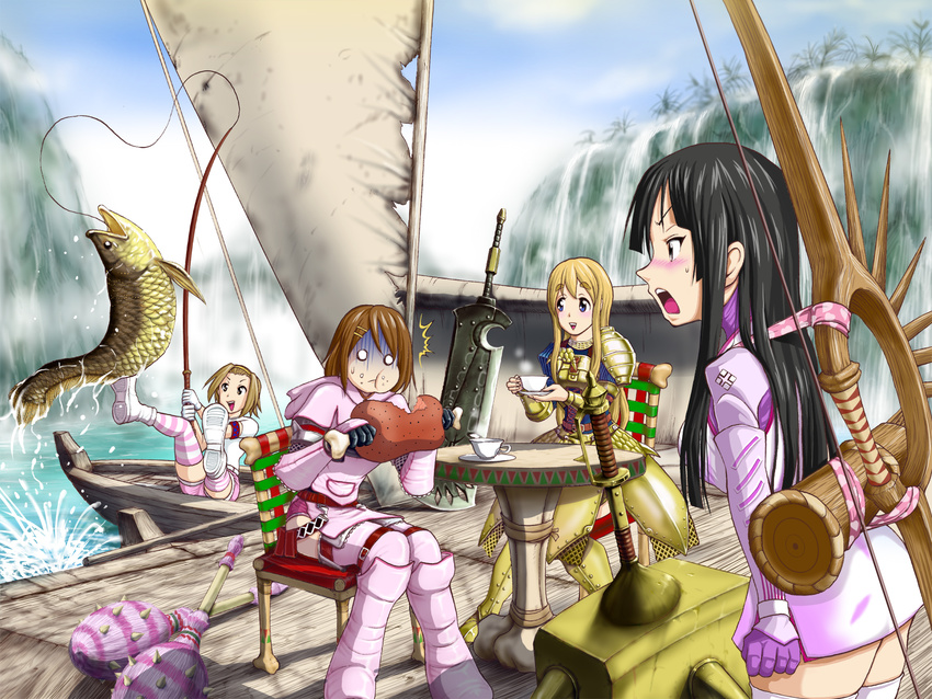 :t akiyama_mio armor boat boned_meat eating fish food highres hirasawa_yui k-on! kotobuki_tsumugi meat monster_hunter multiple_girls parody striped striped_legwear tainaka_ritsu thighhighs watercraft yonta