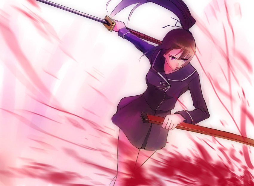 bad_id bad_pixiv_id blood brown_hair ga-rei ga-rei_zero isayama_yomi katana ponytail purple_eyes solo sword weapon zhenlin