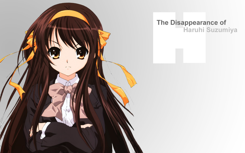 alternate_costume alternate_hairstyle blazer brown_eyes brown_hair h hairband highres ikeda_shouko jacket kouyouen_academy_uniform long_hair orange_hairband ribbon solo suzumiya_haruhi suzumiya_haruhi_no_shoushitsu suzumiya_haruhi_no_yuuutsu wallpaper