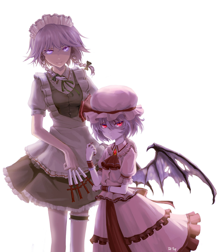 absurdres apron as109 ascot bad_id bad_pixiv_id bat_wings blue_eyes bow braid breasts brooch dress fingernails frills hair_bow hat highres izayoi_sakuya jewelry knife leg_garter long_fingernails maid_headdress multiple_girls red_eyes remilia_scarlet ribbon short_hair signature silver_hair simple_background small_breasts smile touhou twin_braids wings