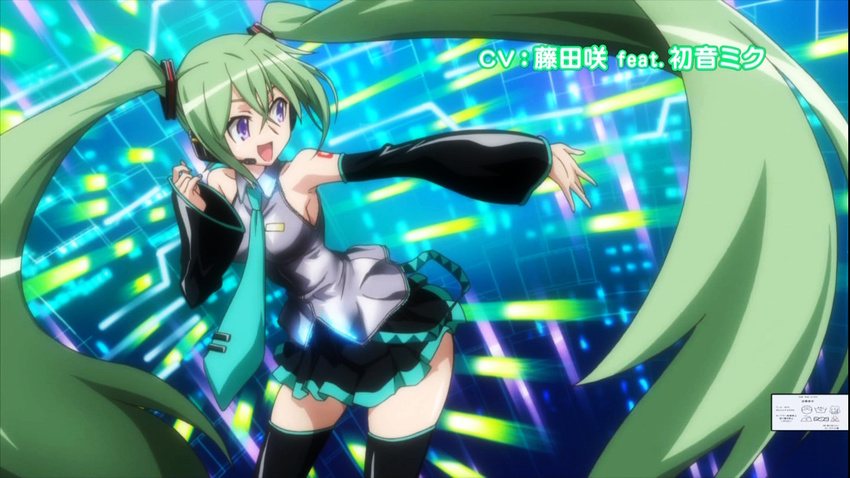 bangs cosplay detached_sleeves green_hair hatsune_miku hatsune_miku_(cosplay) headphones highres kannagi_itsuki long_hair necktie purple_eyes screencap skirt solo sora_wo_kakeru_shoujo thighhighs twintails very_long_hair vocaloid zettai_ryouiki