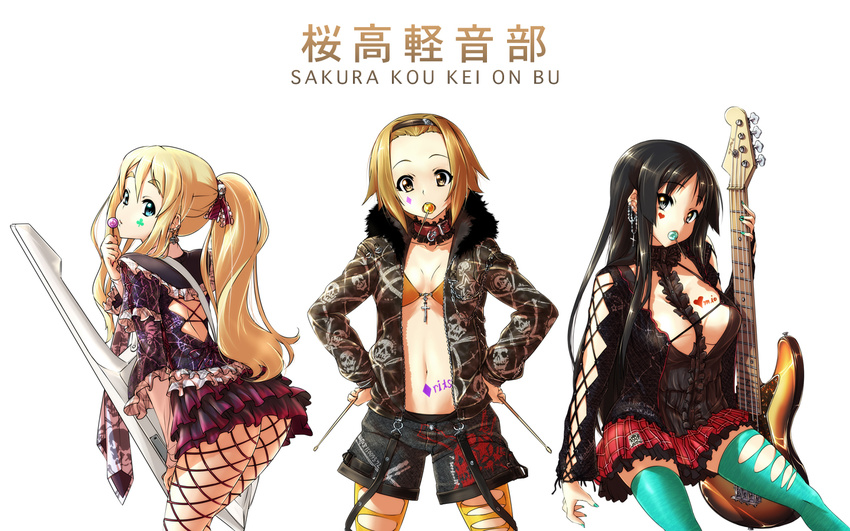 akiyama_mio bass_guitar candy club_(shape) fashion fishnet_pantyhose fishnets food green_nails instrument k-on! kotobuki_tsumugi lollipop long_hair multiple_girls nail_polish nekomamire non-web_source open_clothes open_shirt pantyhose shirt short_hair tainaka_ritsu thighhighs tomboy torn_clothes torn_legwear wallpaper widescreen