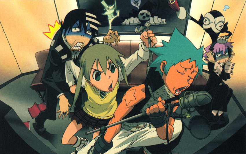 1other 2boys biceps black_hair black_star blonde_hair chibi crona_(soul_eater) death_the_kid excalibur_(soul_eater) green_eyes headphones highres karaoke maka_albarn microphone microphone_stand multiple_boys music necktie official_art open_mouth pain plaid plaid_skirt ragnarok_(demon_sword) scan school_uniform shinigami_sama short_hair singing skirt soul_eater twintails