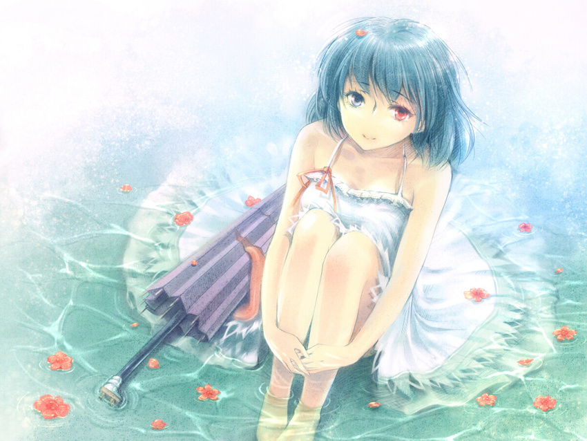 alternate_costume bare_shoulders barefoot blue_eyes blue_hair closed_umbrella dress flower heterochromia karakasa_obake kieta leg_hug light_smile long_legs looking_at_viewer oriental_umbrella partially_submerged petals purple_umbrella red_eyes short_hair sitting solo tatara_kogasa tongue touhou umbrella wallpaper water white_dress