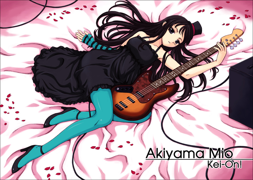 akiyama_mio bass_guitar black_eyes black_hair blue_legwear don't_say_"lazy" dress facepaint fingerless_gloves gloves hat high_heels instrument k-on! legs lying mini_hat mini_top_hat orebalgum pantyhose petals shoes solo top_hat