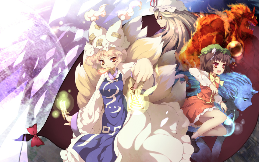 animal_ears between_fingers blonde_hair bow brown_hair cat_ears cat_tail chen dress earrings eyebrows_visible_through_hair fang fox_tail frills gap glowing hat hat_ribbon highres jewelry long_hair long_sleeves looking_at_viewer looking_back mob_cap mouth_hold multiple_girls multiple_tails ofuda ofuda_on_clothes oni open_mouth pillow_hat red_bow red_eyes red_ribbon ribbon shoes short_hair single_earring socks tabard tail tassel touhou uruu_gekka wallpaper white_dress wide_sleeves yakumo_ran yakumo_yukari yellow_bow yellow_eyes