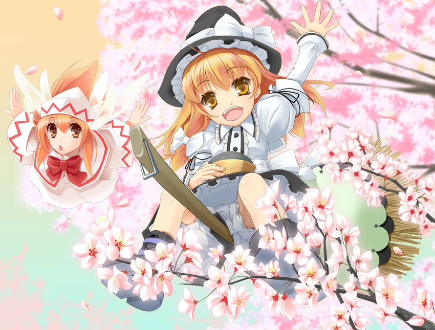 :d :o ashes blonde_hair bloomers bowl broom broom_riding cherry_blossoms flying hand_up hat kirisame_marisa lily_white long_hair multiple_girls open_mouth outstretched_arm outstretched_arms short_hair smile spread_arms spring_(season) touhou underwear wallpaper wapokichi waving wings witch_hat yellow_eyes