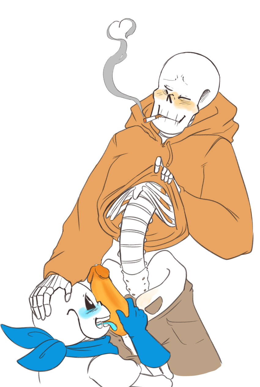 animated_skeleton blush bone cigarette clothed clothed_sex clothing fellatio incest male male/male not_furry oral papyrus_(undertale) penis sans_(undertale) sex simple_background skeleton smoking tongue tongue_out undead underswap undertale unknown_artist video_games white_background