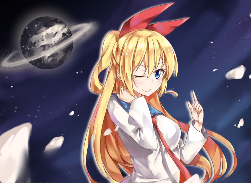 &gt;:) blonde_hair blue_eyes blush highres kirisaki_chitoge long_hair looking_at_viewer nisekoi one_eye_closed planet ribbon school_uniform smile solo ttnap v-shaped_eyebrows