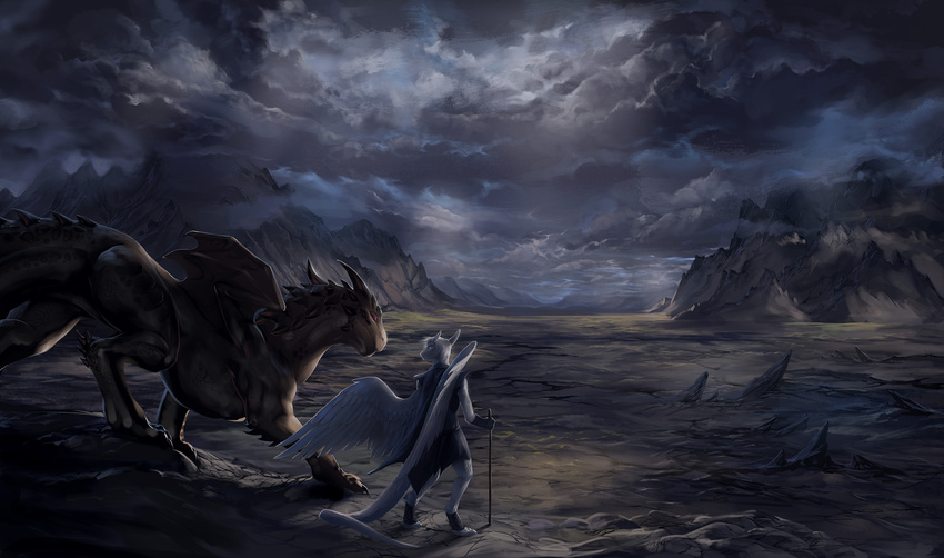 aaros_(artist) anthro black_scales clothed clothing day detailed_background digitigrade dragon duo feathered_wings feathers feral fur male membranous_wings nude outside scales sky staff standing white_feathers white_fur wings