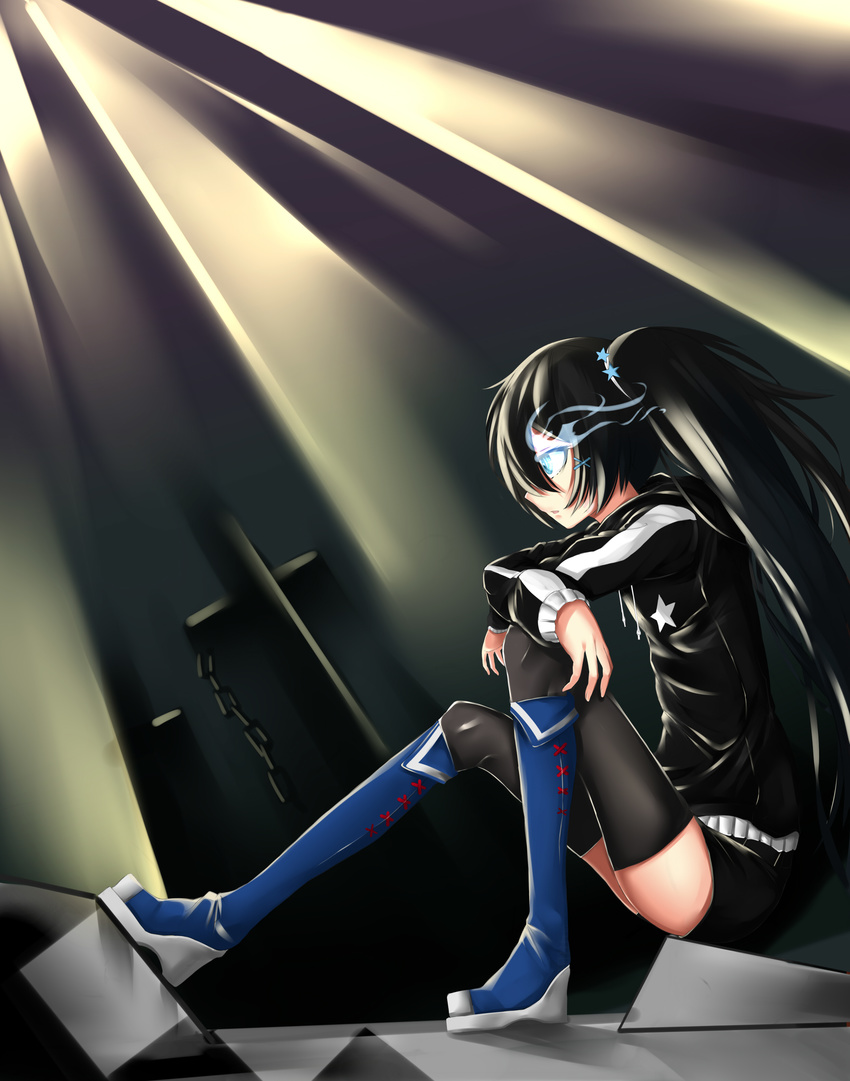 absurdres black_hair black_legwear black_rock_shooter black_rock_shooter_(character) black_shorts black_sweater blue_background blue_eyes blue_footwear boots burning_eye crossed_arms hair_between_eyes hair_ornament highres knee_boots long_hair mrnn shorts sitting solo star star_hair_ornament star_print sweater thighhighs wings