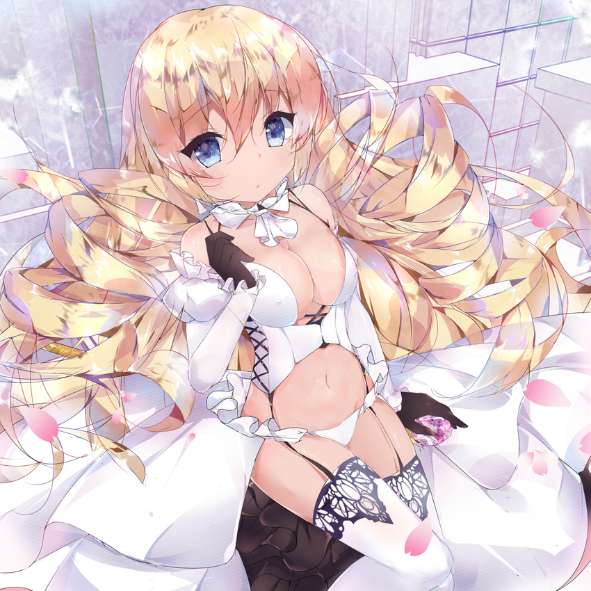 bare_shoulders black_gloves blonde_hair blue_eyes breasts cleavage closed_mouth commentary_request corset covered_nipples cowboy_shot detached_sleeves drill_hair eyebrows eyebrows_visible_through_hair frills from_above gloves hair_between_eyes highres lion_(zhan_jian_shao_nyu) long_hair looking_at_viewer medium_breasts navel panties petals puffy_sleeves sitting solo stomach thighhighs twiska_(doubitian) underwear very_long_hair white_panties zhan_jian_shao_nyu