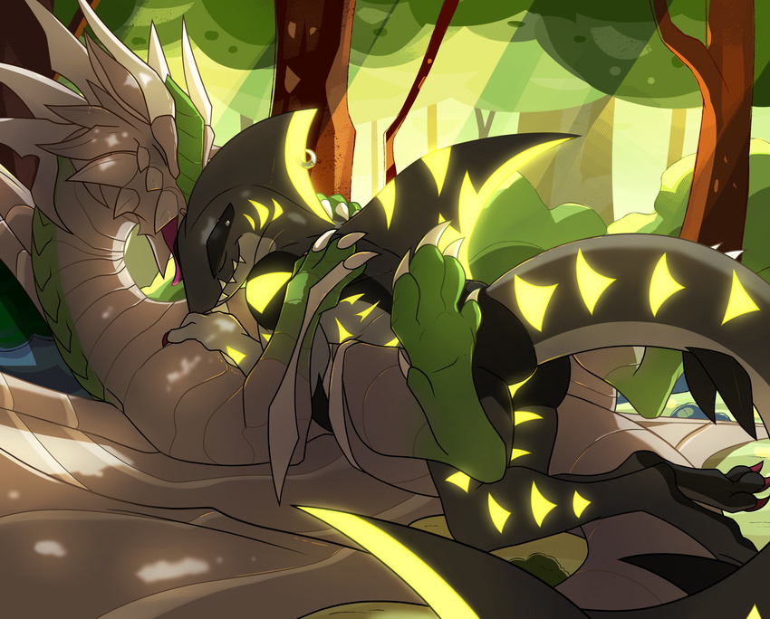 anthro barazoku blitzdrachin butt capcom cuddling cute detailed_background dragon feral fish happy kushala kushala_daora male marine monster_hunter muscular shark sleeping video_games