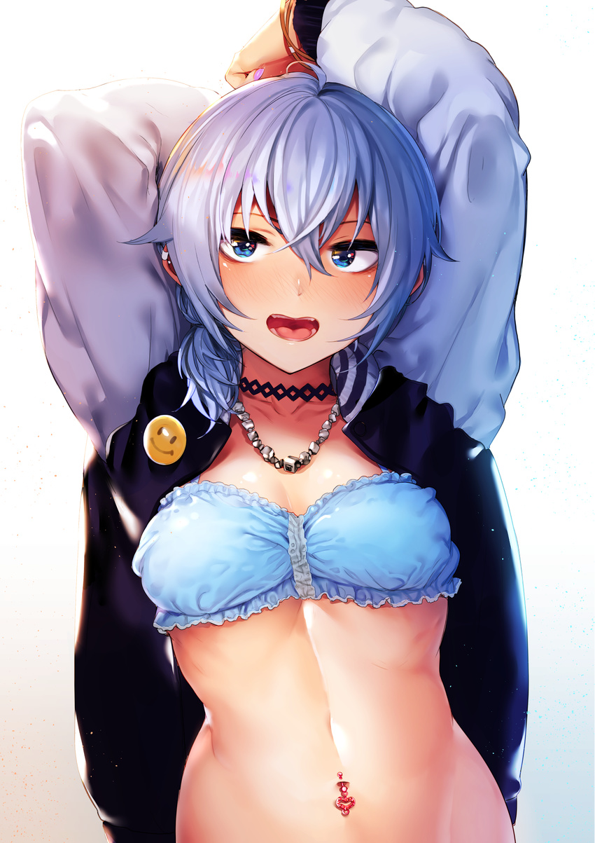 akagi_asahito arms_up blue_bra blue_eyes blue_hair blush bra bracelet breasts choker ear_piercing highres jacket jewelry letterman_jacket looking_at_viewer nail_polish navel navel_piercing necklace open_clothes open_jacket open_mouth original piercing purple_nails simple_background small_breasts solo teeth tongue underwear white_background