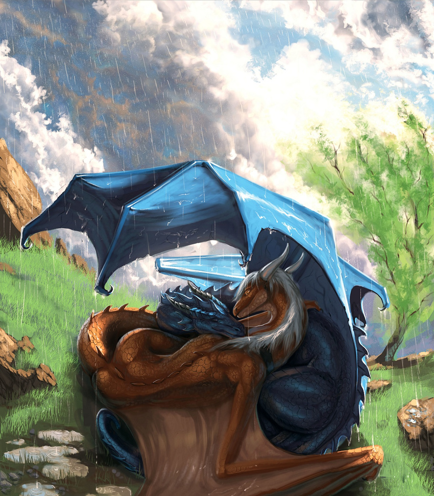 aaros_(artist) ambiguous_gender cuddling day detailed detailed_background detailed_scales dragon duo eyes_closed feral grass hair horn membranous_wings nude outside raining scales sky smooth_horn water white_hair wings yellow_eyes