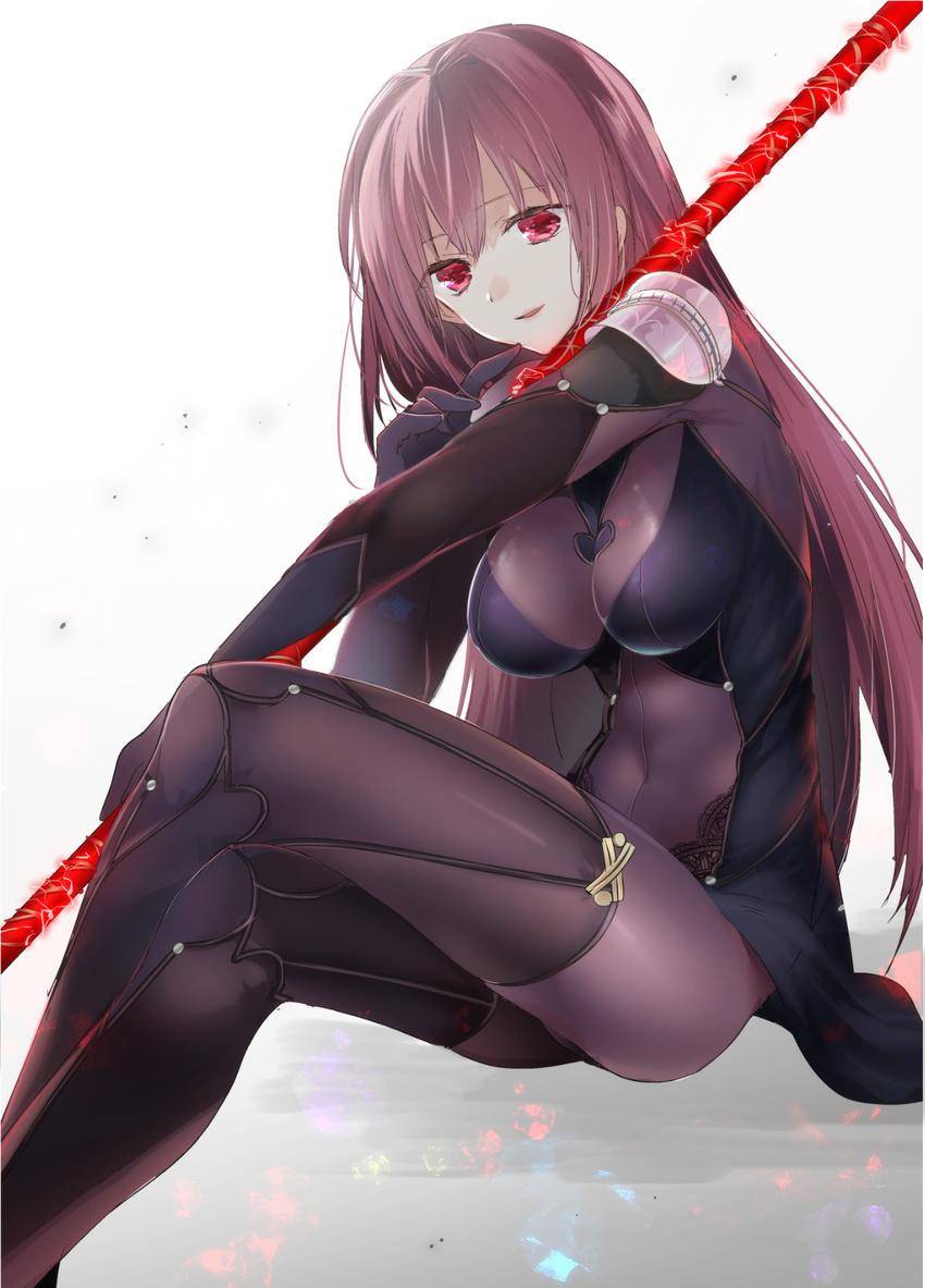 bodysuit breasts covered_navel fate/grand_order fate_(series) gae_bolg highres large_breasts long_hair looking_at_viewer parted_lips pauldrons polearm purple_bodysuit purple_hair red_eyes scathach_(fate)_(all) scathach_(fate/grand_order) sino_(sionori) sketch smile solo spear weapon