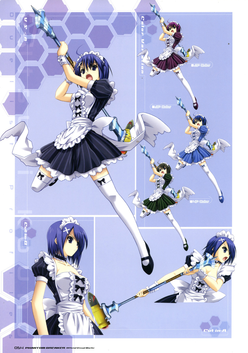 absurdres black_bow blue_eyes blue_hair bow character_sheet choker concept_art dress hammer highres holding holding_weapon kouno_itsuki looking_at_viewer maid maid_headdress multiple_views non-web_source open_mouth phantom_breaker polearm puffy_short_sleeves puffy_sleeves short_sleeves simple_background standing suzuhira_hiro thighhighs variations weapon white_dress white_legwear wrist_cuffs zettai_ryouiki