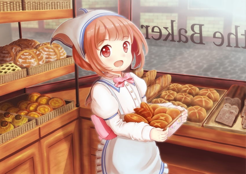 :d apron bakery bangs basket blush bow bread brown_hair collared_shirt commentary_request day eyebrows_visible_through_hair food frilled_skirt frills head_scarf holding holding_basket indoors juliet_sleeves loaf_of_bread long_sleeves looking_at_viewer masaki_mao open_mouth original pink_bow puffy_sleeves red_eyes sailor_collar sailor_shirt shirt shop short_hair skirt slice_of_bread smile solo standing suspender_skirt suspenders white_shirt white_skirt window