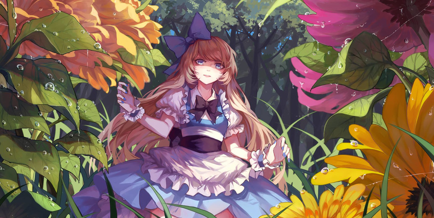 alice_(wonderland) alice_in_wonderland apron blonde_hair blue_bow blue_eyes blue_nails bow day dress fingernails flower hair_bow highres kanekiru layered_dress leaf long_hair looking_at_viewer nail_polish outdoors oversized_object puffy_short_sleeves puffy_sleeves purple_flower shaded_face short_sleeves solo water_drop yellow_flower