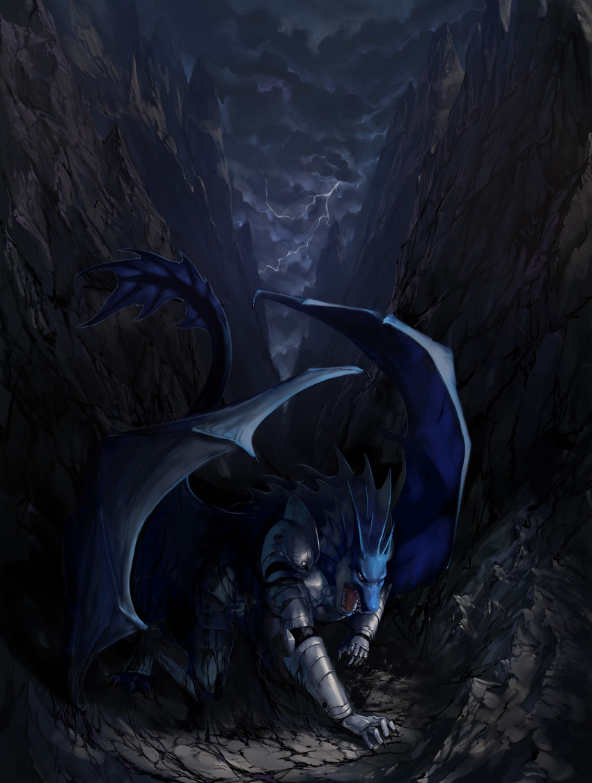 3_toes 5_fingers aaros_(artist) anthro armor clothed clothing detailed_background digitigrade dragon male membranous_wings open_mouth outside sky solo teeth thunder toes tongue wings