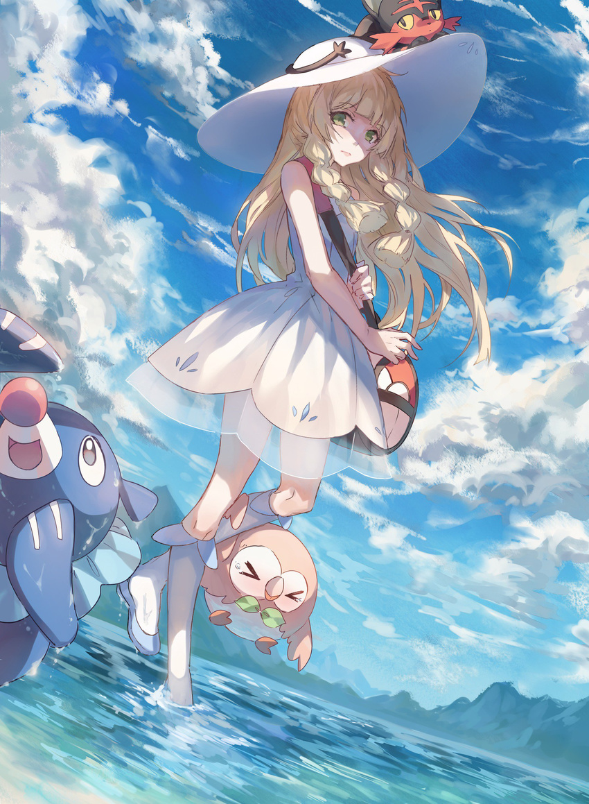 &gt;_&lt; :d absurdres bag bangs bare_arms bare_shoulders bird blonde_hair blue_footwear blue_sky blunt_bangs braid cat closed_eyes closed_mouth cloud day dress duffel_bag dutch_angle eyebrows eyebrows_visible_through_hair flats from_below gen_7_pokemon hat highres kanekiru kneehighs lillie_(pokemon) litten long_hair looking_at_viewer mountain open_mouth over_shoulder owl pink_lips pokemon pokemon_(creature) pokemon_(game) pokemon_sm popplio rowlet see-through shoes side_braid sky sleeveless sleeveless_dress smile solo sun_hat tears twin_braids wading walking water_drop white_hat white_legwear wince yellow_sclera