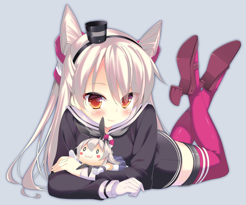 :3 amatsukaze_(kantai_collection) bangs black_dress blush blush_stickers breasts character_doll doll dress eyebrows eyebrows_visible_through_hair full_body gloves grey_neckwear hair_over_one_eye hair_tubes kantai_collection legs_up lifebuoy long_hair long_sleeves looking_at_viewer lying medium_breasts neckerchief on_stomach pikazo pink_legwear red_eyes rudder_shoes sailor_dress shimakaze_(kantai_collection) short_dress silver_hair simple_background single_glove smile solo striped thighhighs two_side_up white_gloves windsock