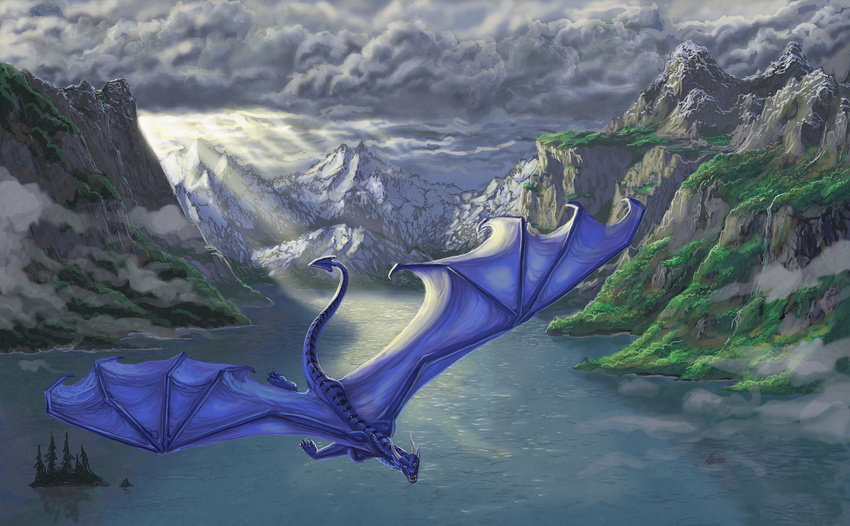 aaros_(artist) amazing_background ambiguous_gender blue_scales day detailed detailed_background dragon feral flying horn membranous_wings mountain nude outside overcast scales sky smooth_horn solo spread_wings water wings