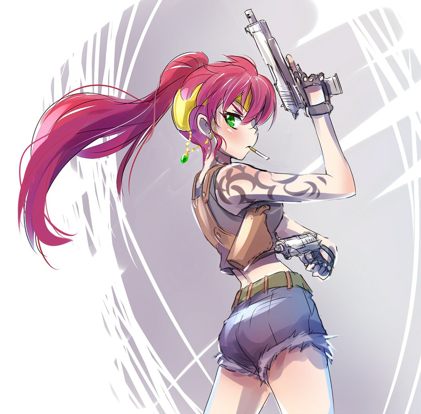 black_lagoon cigarette cosplay fingerless_gloves gloves green_eyes gun handgun headdress highres holster iesupa long_hair pistol ponytail pyrrha_nikos red_hair revy_(black_lagoon) revy_(black_lagoon)_(cosplay) rwby seiyuu_connection short_shorts shorts shoulder_holster solo tank_top tattoo toyoguchi_megumi weapon