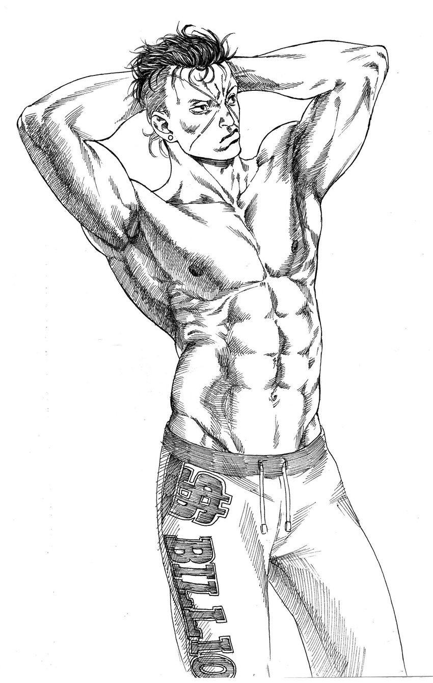 abs absurdres arms_behind_head earrings facial_mark greyscale groin hatching_(texture) highres ink_(medium) jewelry jojo_no_kimyou_na_bouken male_focus maya_panda messy_hair monochrome multicolored_hair muscle nijimura_okuyasu pants shirtless solo stud_earrings sweatpants traditional_media two-tone_hair