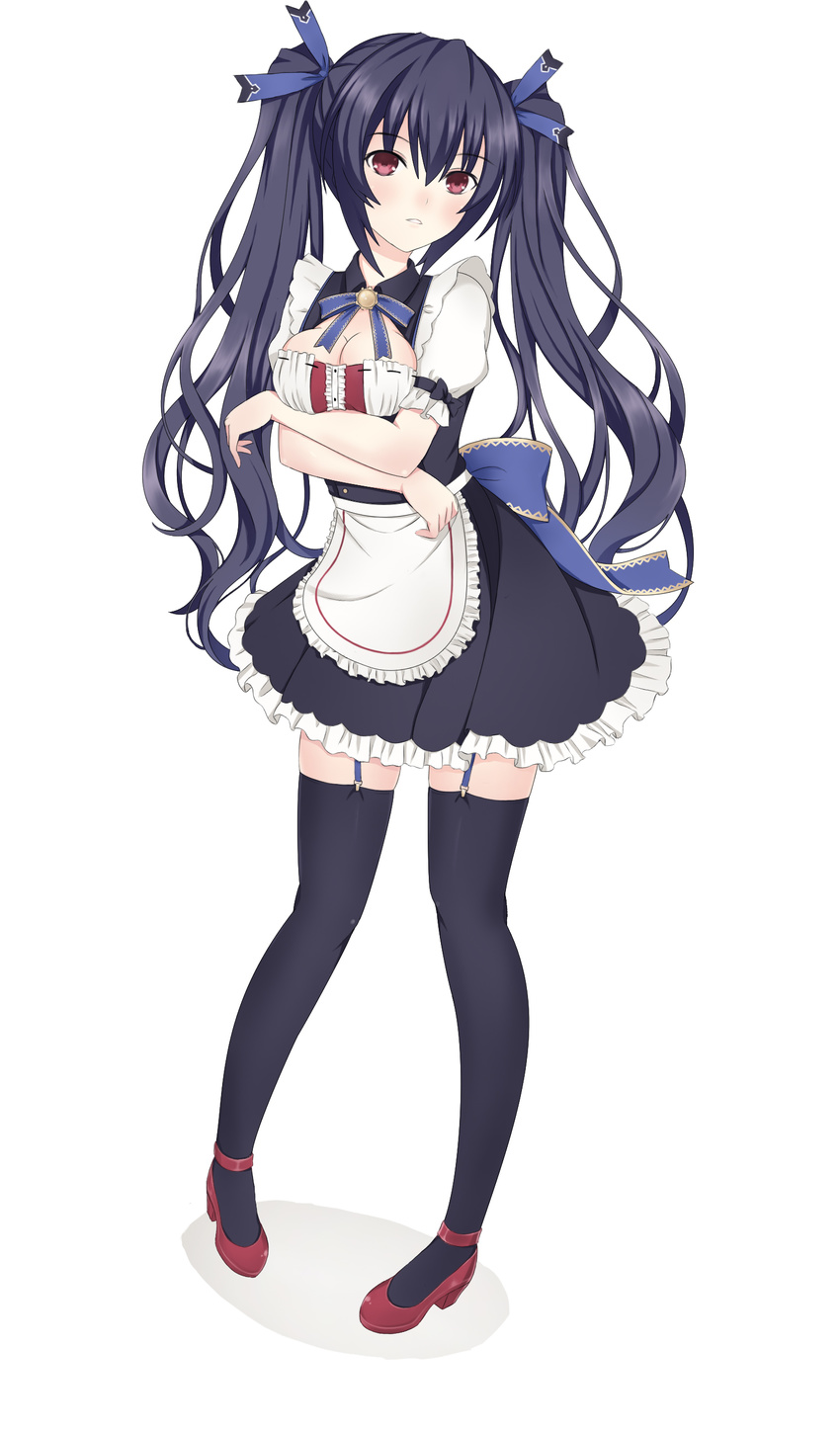 absurdres alternate_costume apron black_hair blush breasts cleavage dress enmaided garter_straps hair_ornament harami highres long_hair looking_at_viewer maid maid_apron maid_headdress mary_janes medium_breasts neptune_(series) noire open_mouth puffy_short_sleeves puffy_sleeves red_eyes shoes short_sleeves solo thighhighs twintails very_long_hair zettai_ryouiki