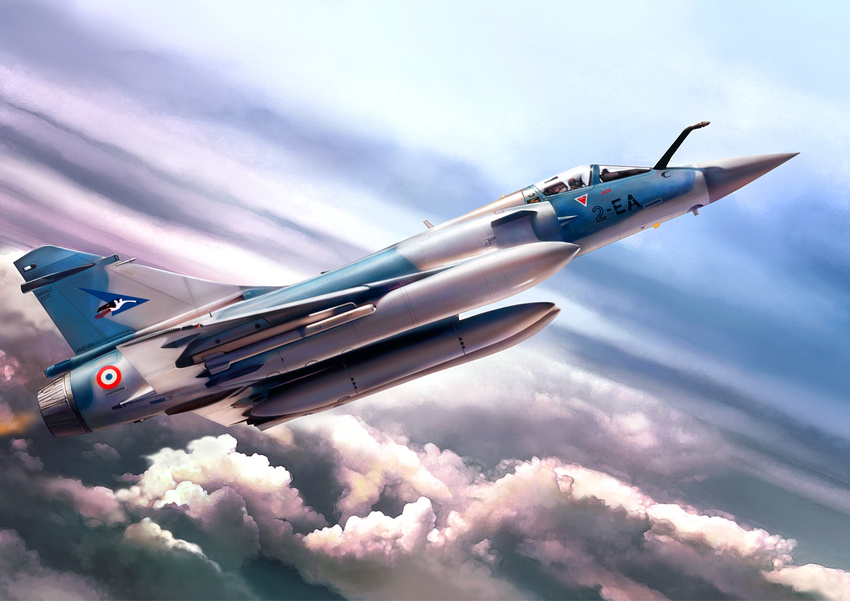 aircraft airplane ascending cloud drop_tank fighter_jet flying highres jet military military_vehicle mirage2000 original pilot sky yangmo