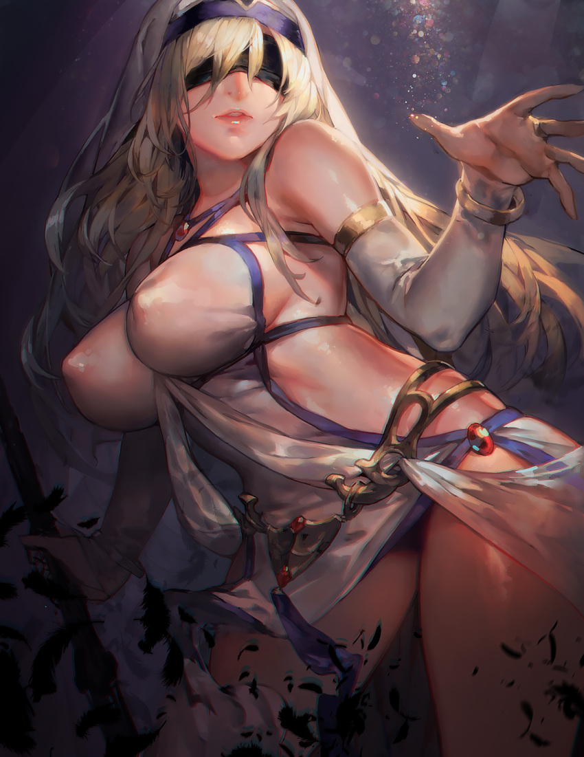 1girl aoin bare_shoulders blindfold blonde_hair bracelet breasts covered_nipples detached_sleeves erect_nipples goblin_slayer! highres holding holding_sword holding_weapon jewelry large_breasts long_hair parted_lips perky_breasts revealing_clothes solo sword sword_maiden veil weapon